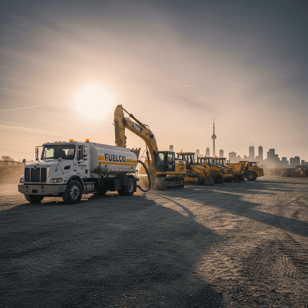 Fuel truck parked beside a row of heavy construction equipment at dawn