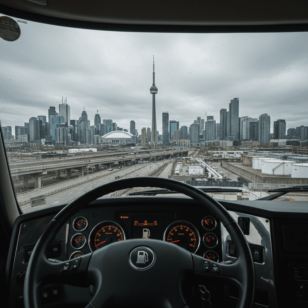 View of Toronto skyline from inside a moving fuel truck cab