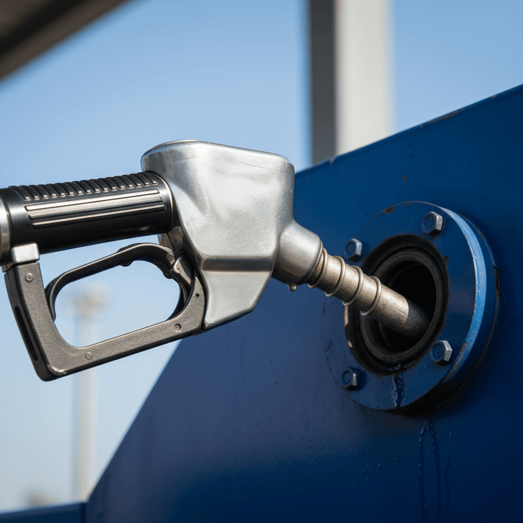 Fuel nozzle close-up against a truck fuel tank