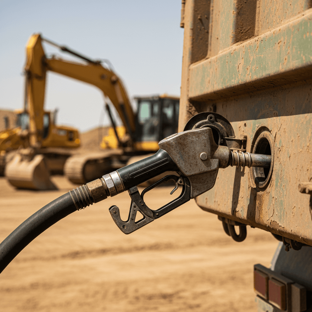 Diesel fuel nozzle being inserted into a heavy truck fuel tank at a construction site