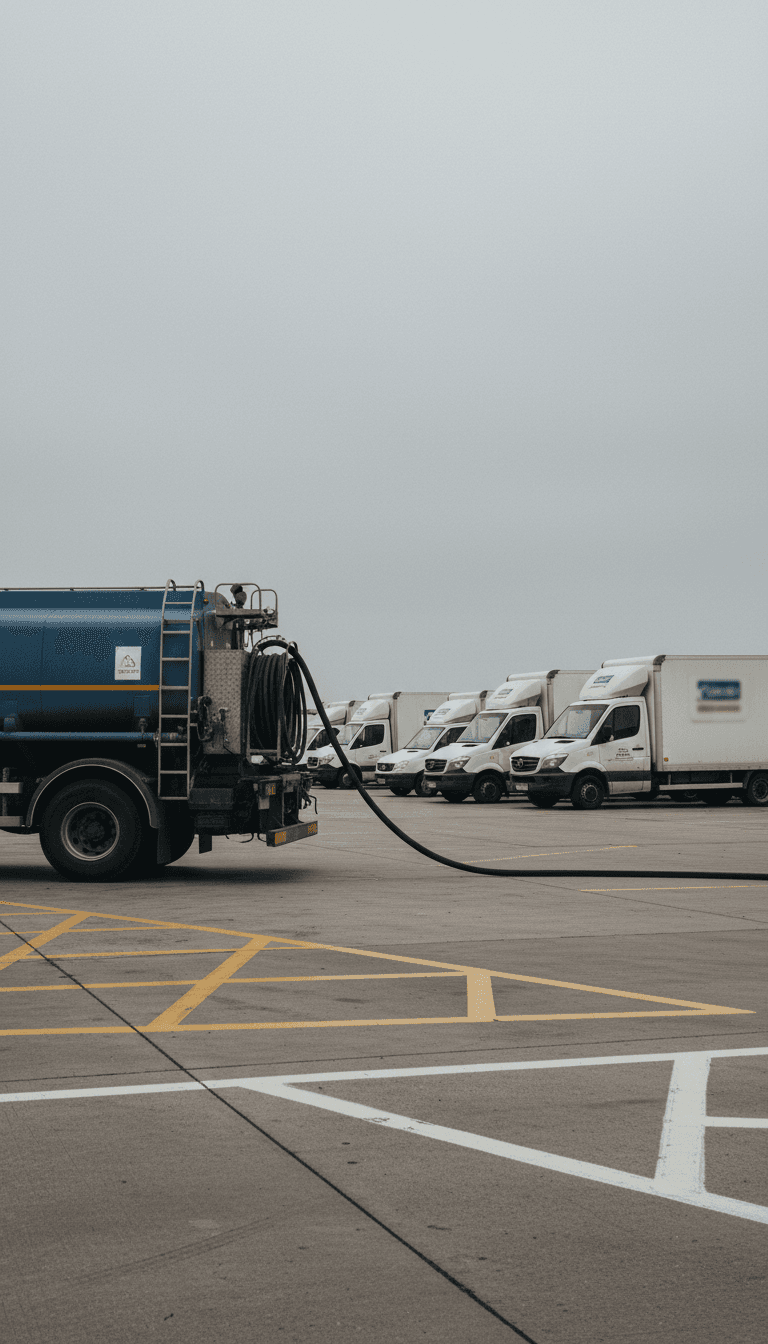 Fuel delivery truck parked beside commercial delivery vans in an industrial lot