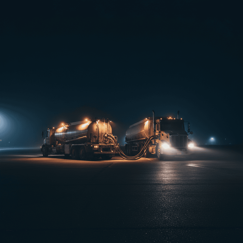 Fuel truck refueling a semi-truck overnight in a quiet parking lot