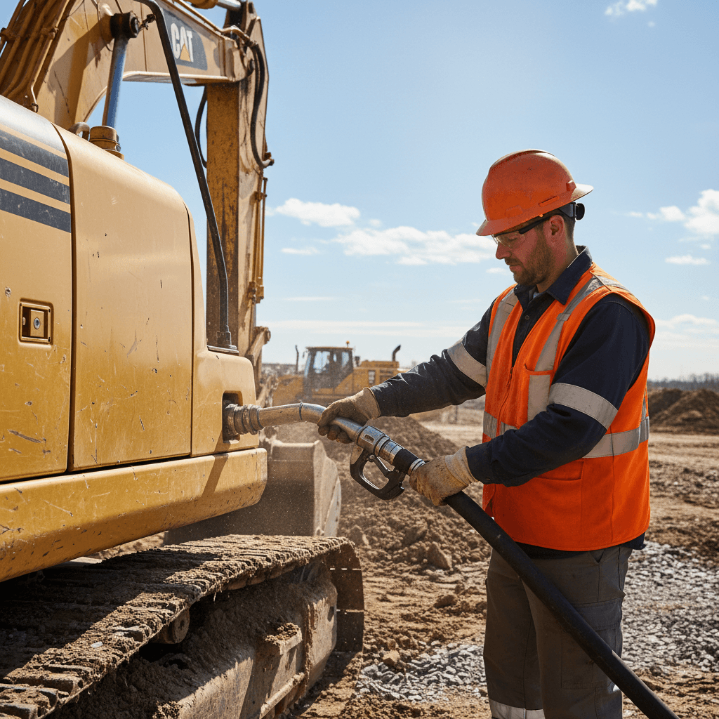 Fuel technician refueling a yellow excavator on a dirt construction site