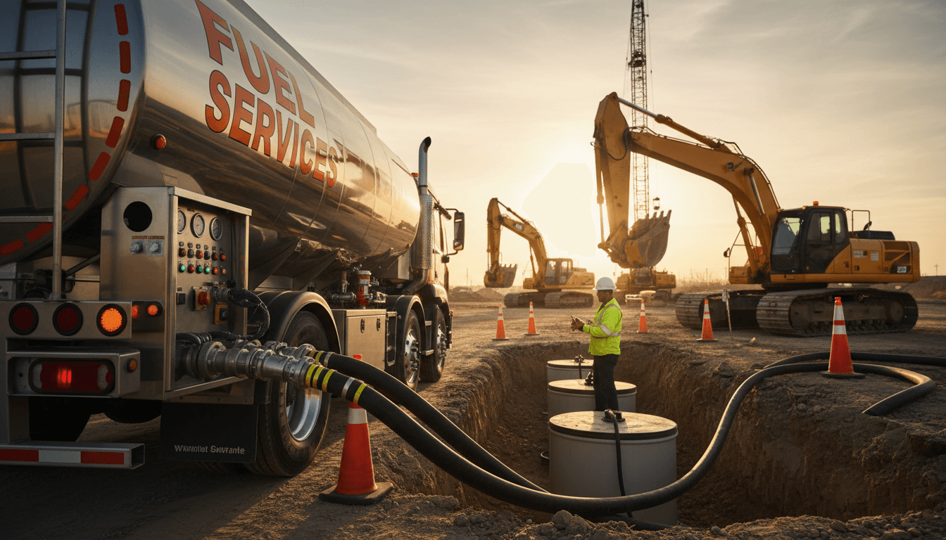 Diesel delivery truck refueling a dump truck on a construction site