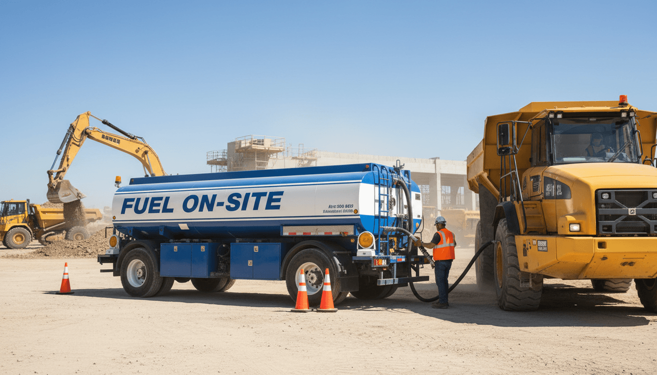 Mobile refueling truck assisting a semi-truck on the side of a road