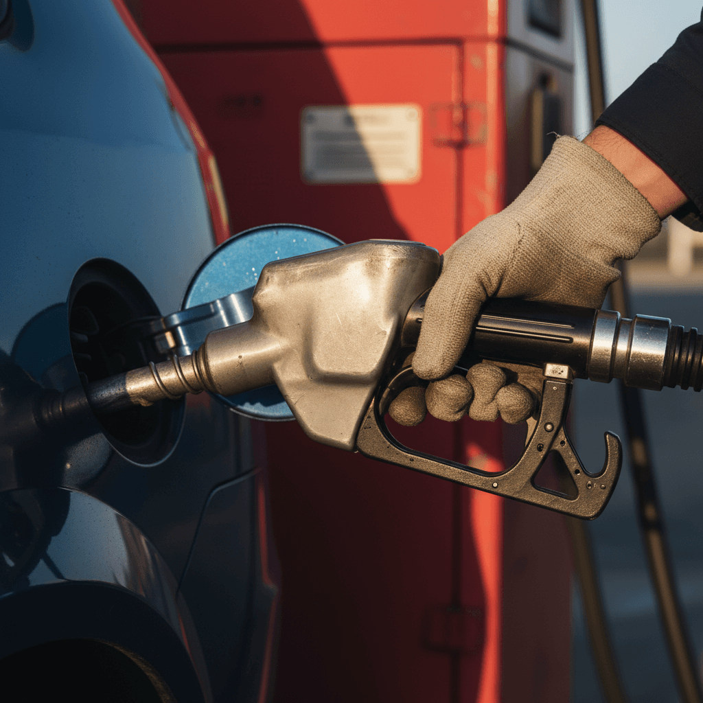 Close-up of diesel nozzle refueling a truck fuel tank