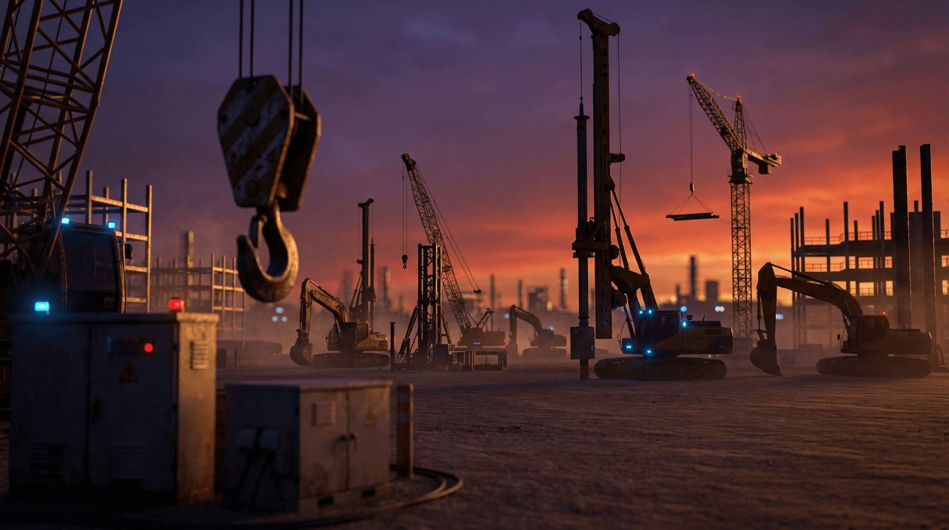 Fuel truck delivering to a row of construction vehicles at dusk with selective lighting on the hose connection