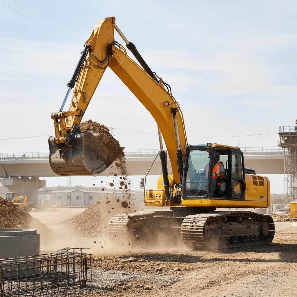 Fuel nozzle being inserted into a construction excavator on a work site