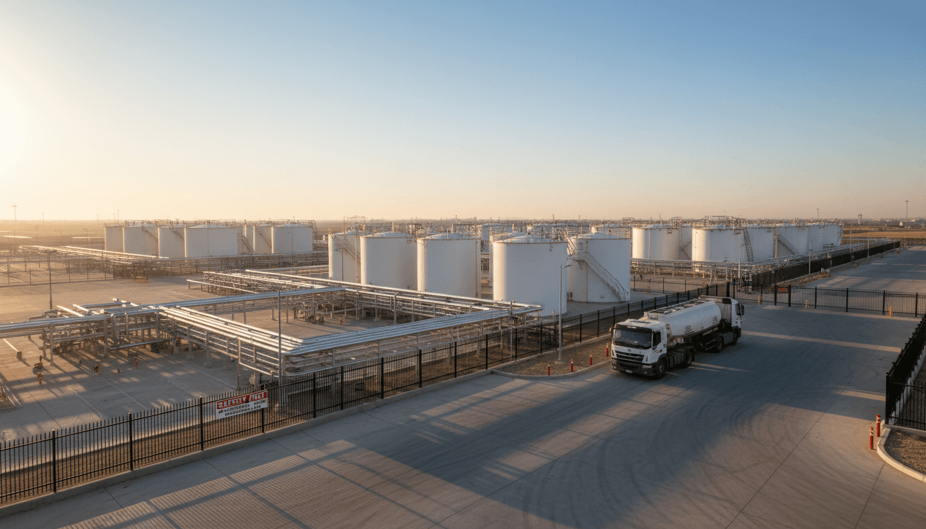 Bulk diesel delivery filling large on-site storage tanks
